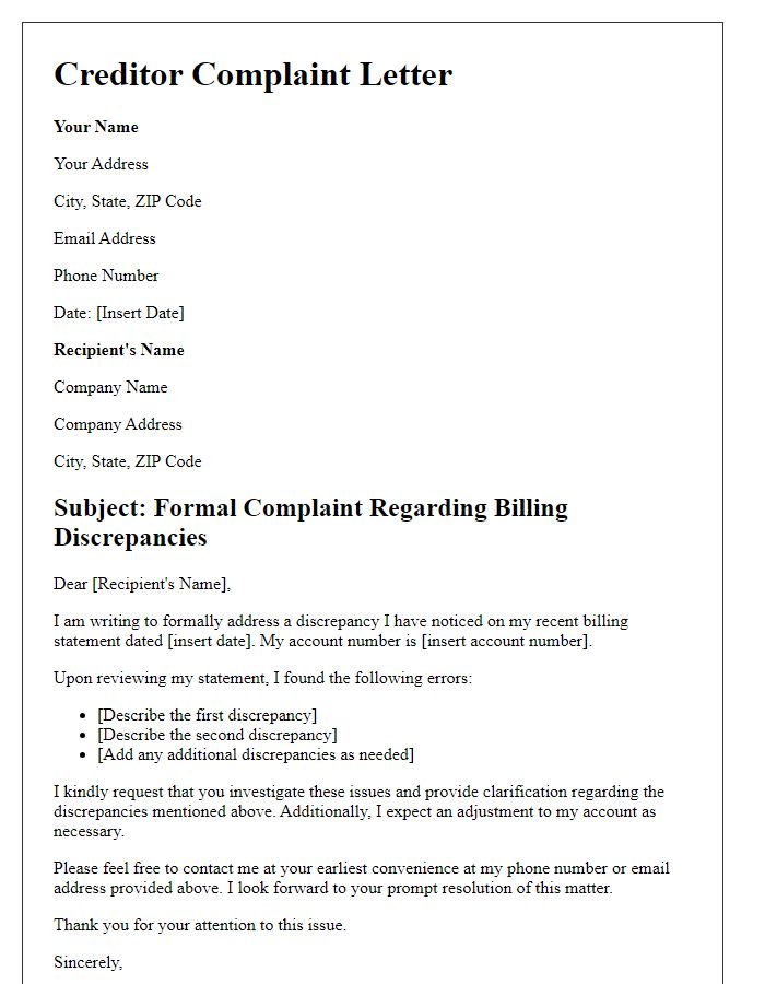 Letter template of formal creditor complaint addressing billing discrepancies.