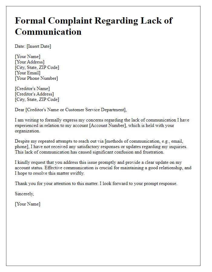 Letter template of formal creditor complaint concerning lack of communication.