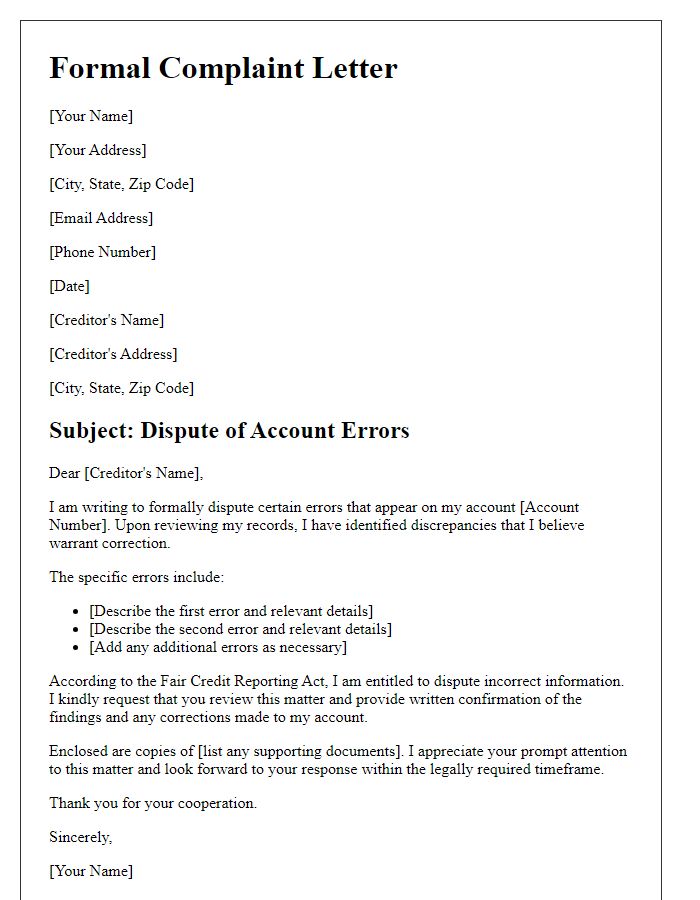 Letter template of formal creditor complaint disputing account errors.