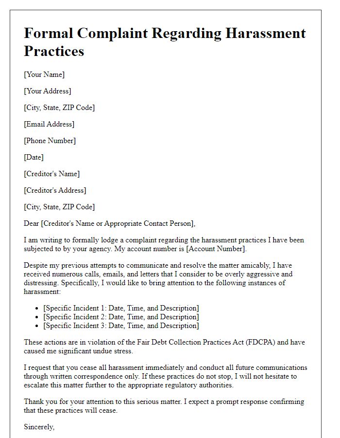 Letter template of formal creditor complaint for harassment practices.