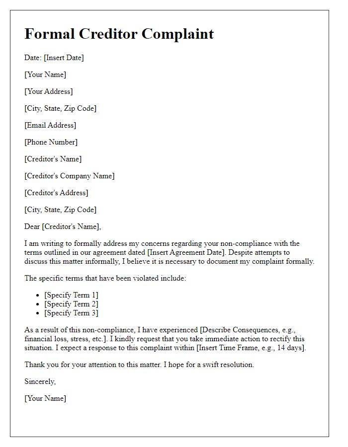 Letter template of formal creditor complaint for non-compliance with terms.