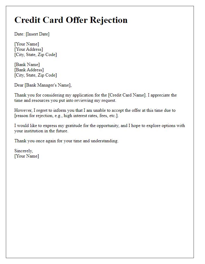 Letter template of credit card offer rejection