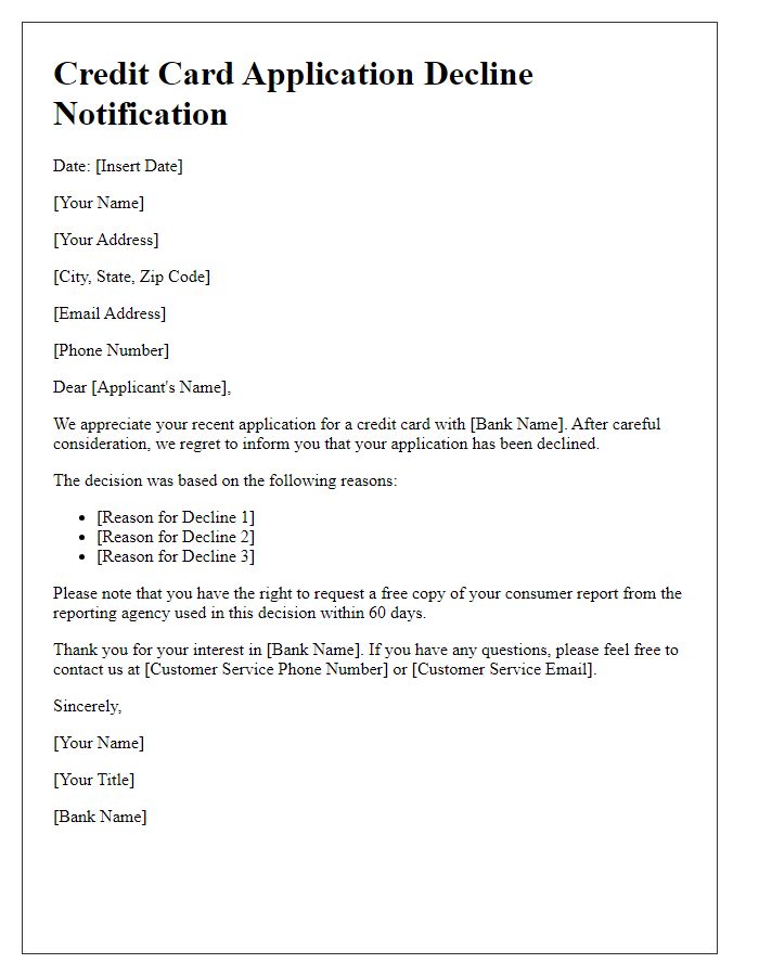 Letter template of declined credit card application