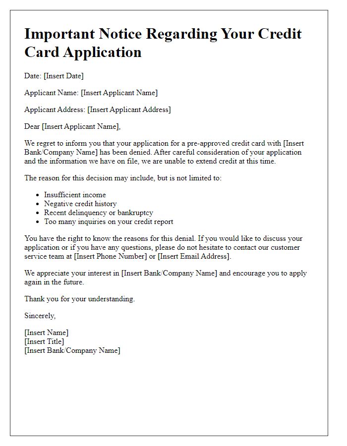 Letter template of pre-approved credit card denial