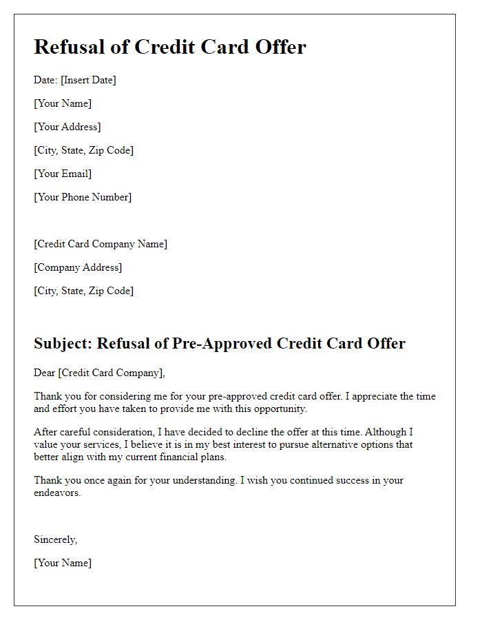 Letter template of refusal for pre-approved credit card offer