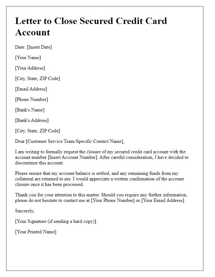 Letter template of closing formalities for secured credit card account.