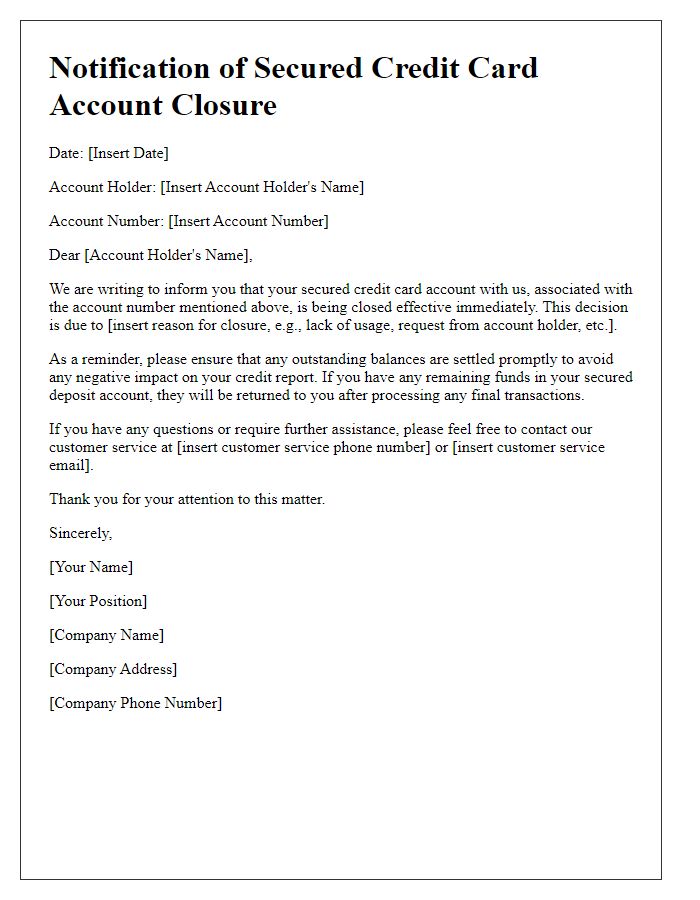 Letter template of notification for secured credit card account closure.