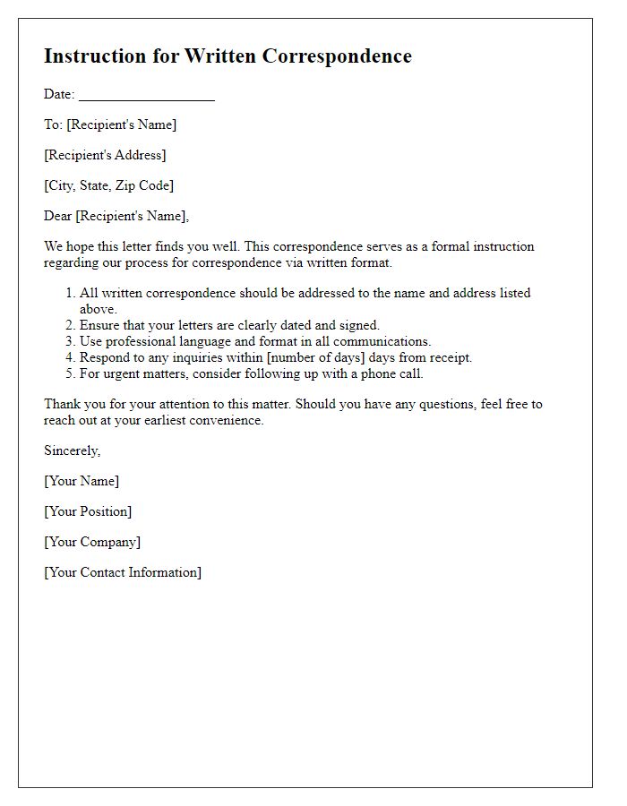 Letter template of instruction for correspondence via written format