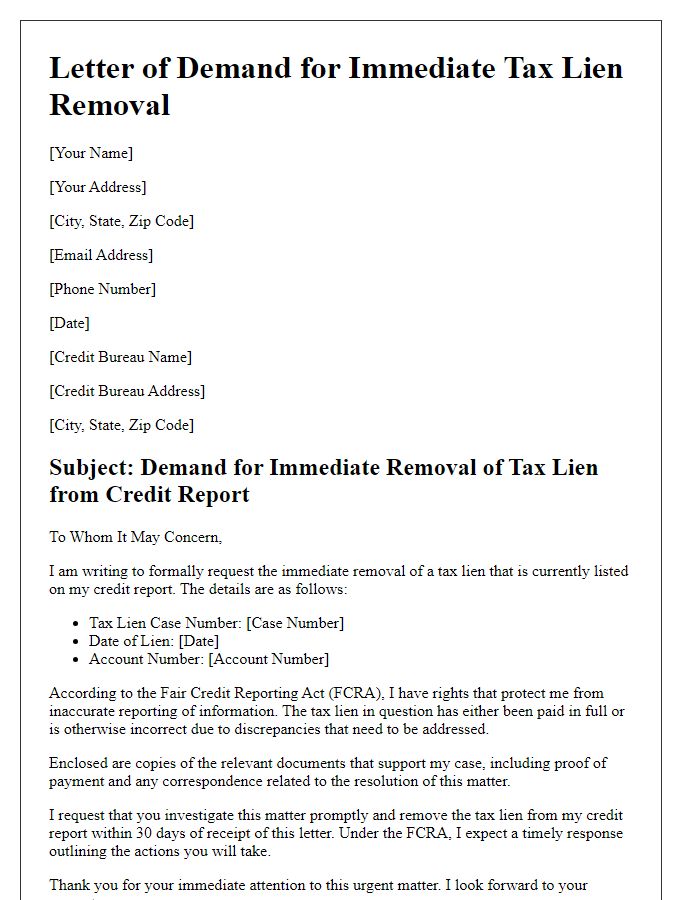 Letter template of demand for immediate tax lien removal from credit report