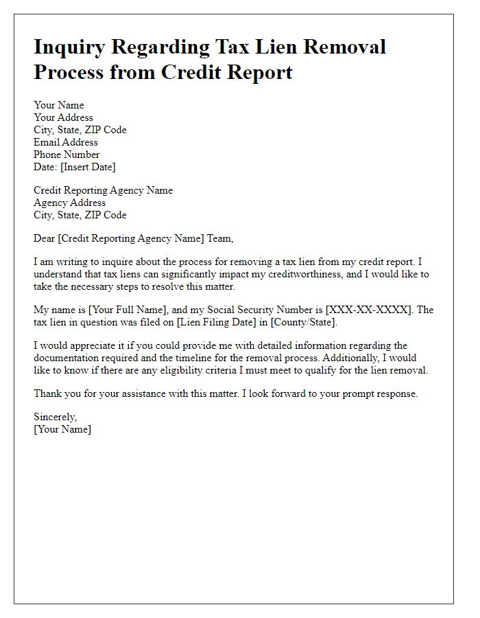 Letter template of inquiry regarding tax lien removal process from credit report