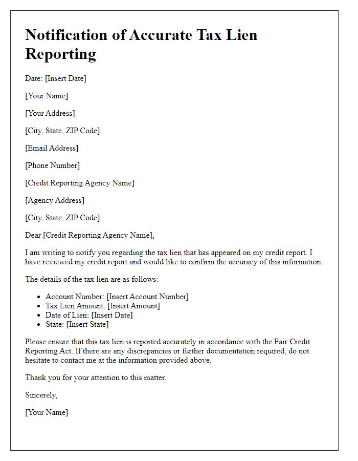 Letter template of notification for accurate tax lien reporting on credit report