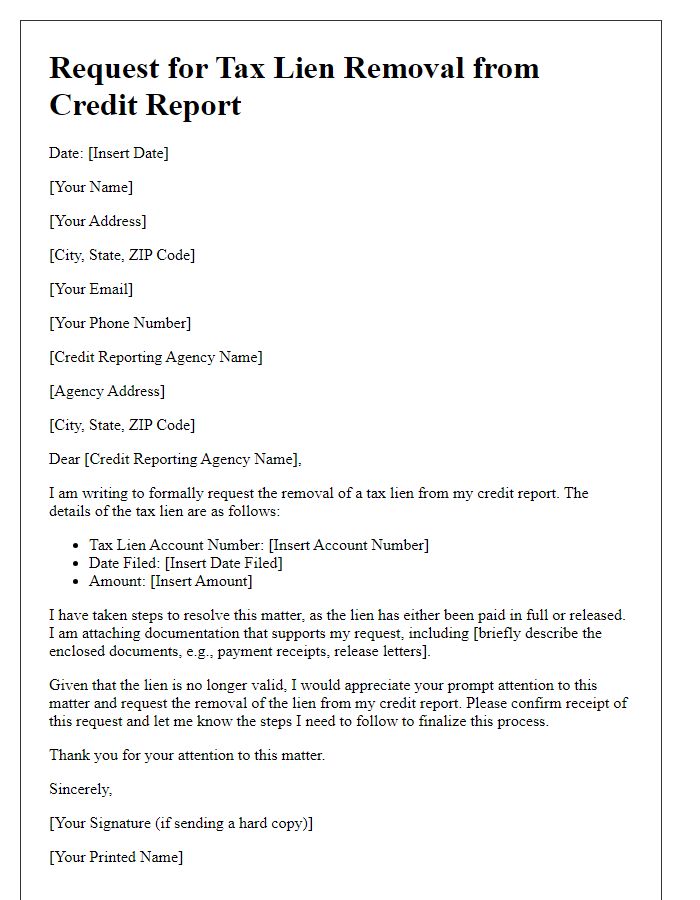 Letter template of request for tax lien removal from credit report