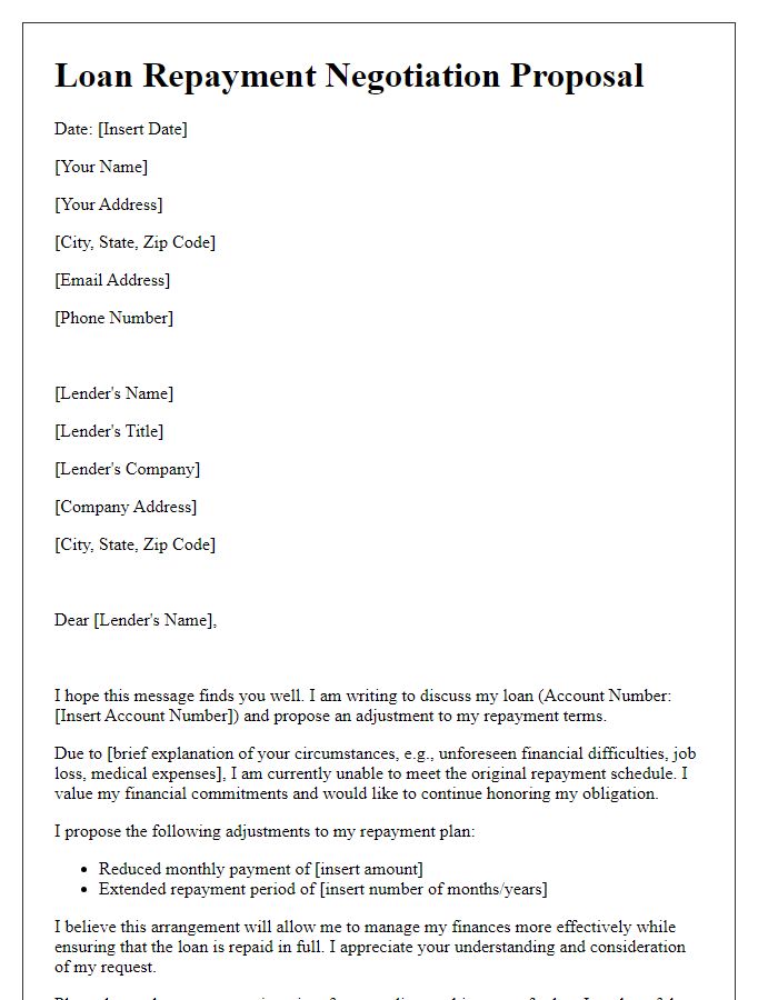 Letter template of loan repayment negotiation proposal