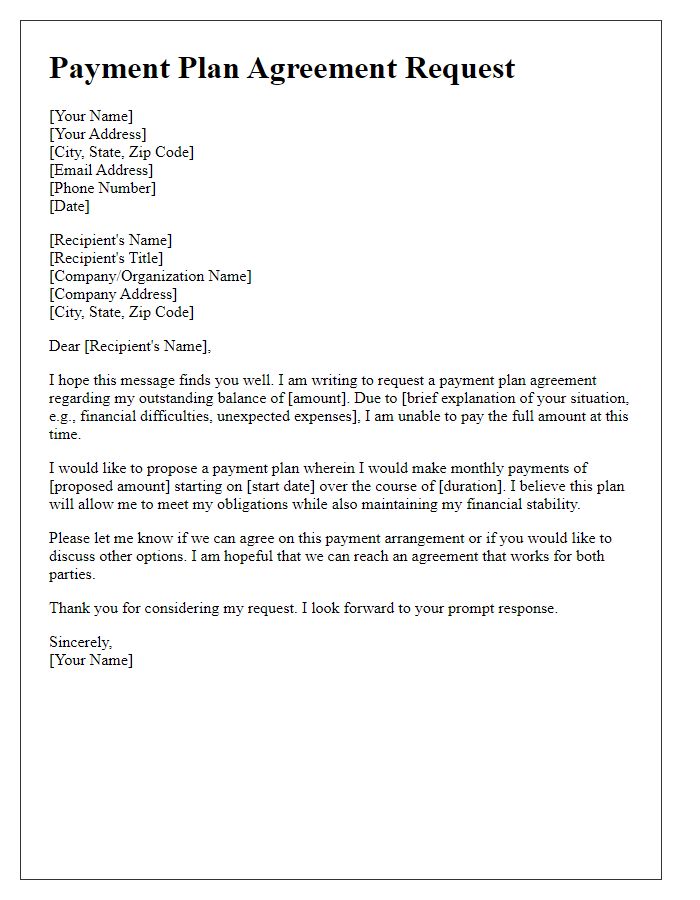 Letter template of payment plan agreement request