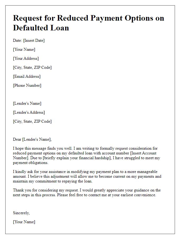 Letter template of request for reduced payment options on defaulted loan