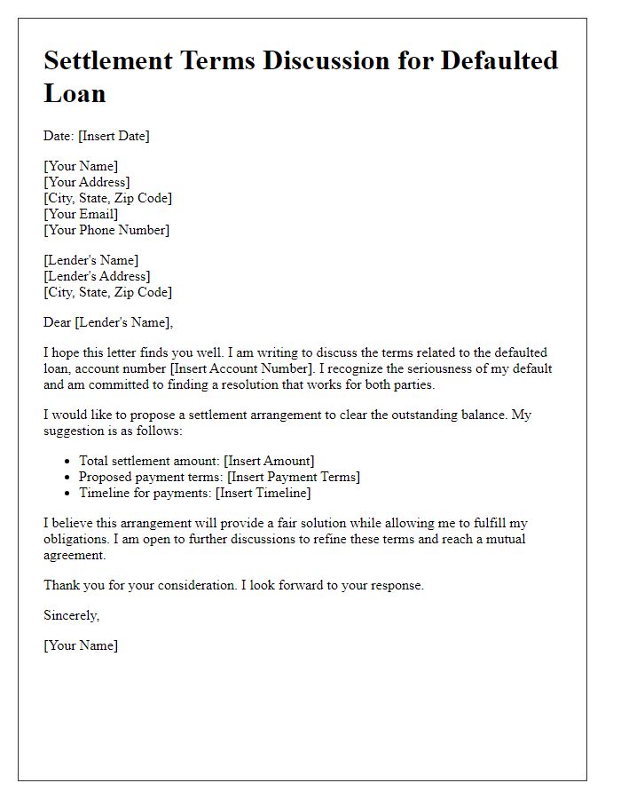 Letter template of settlement terms discussion for defaulted loan