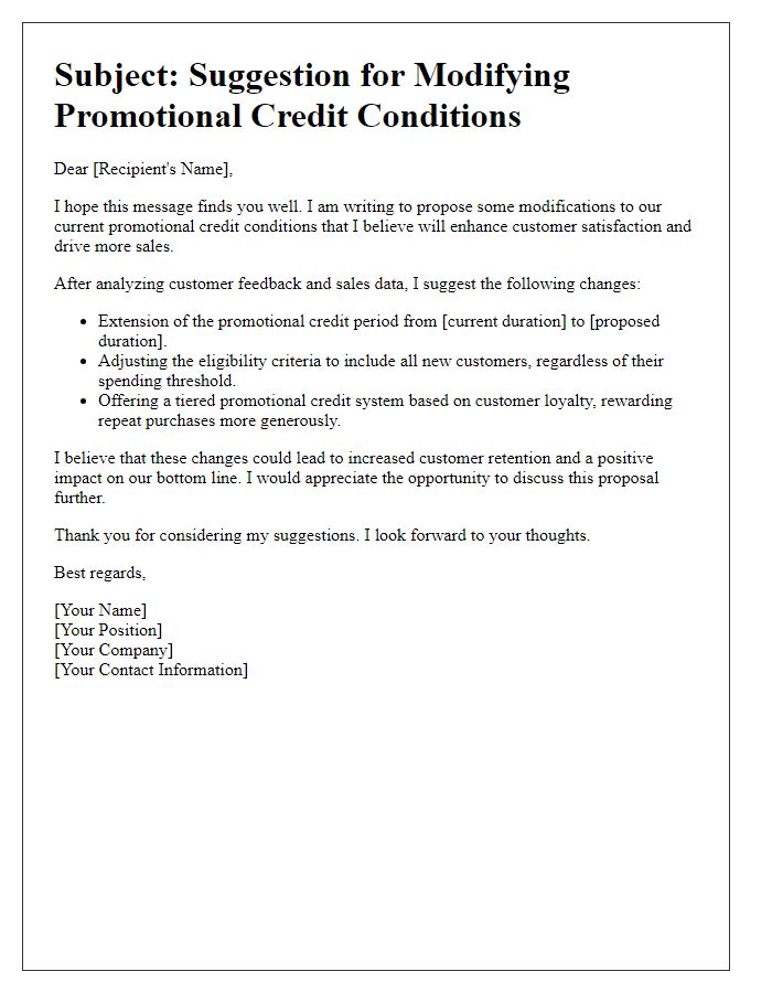 Letter template of suggestion for modifying promotional credit conditions.