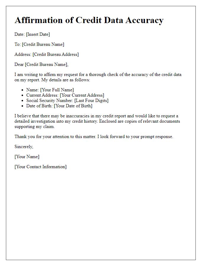 Letter template of affirmation for credit data accuracy check