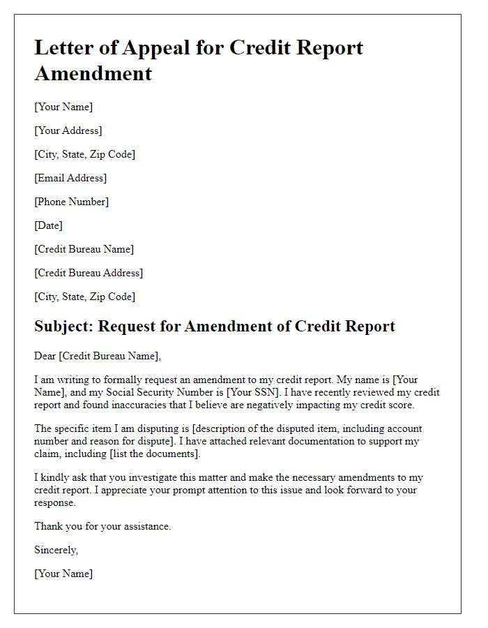 Letter template of appeal for credit report amendment