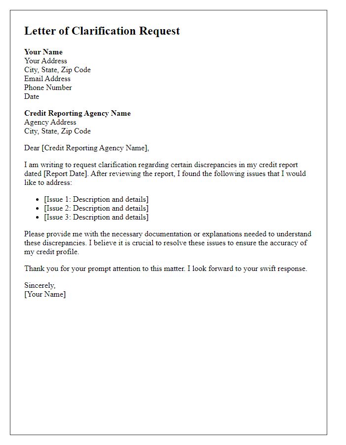 Letter template of clarification request for credit report issues