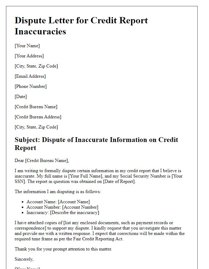 Letter template of dispute for credit report inaccuracies