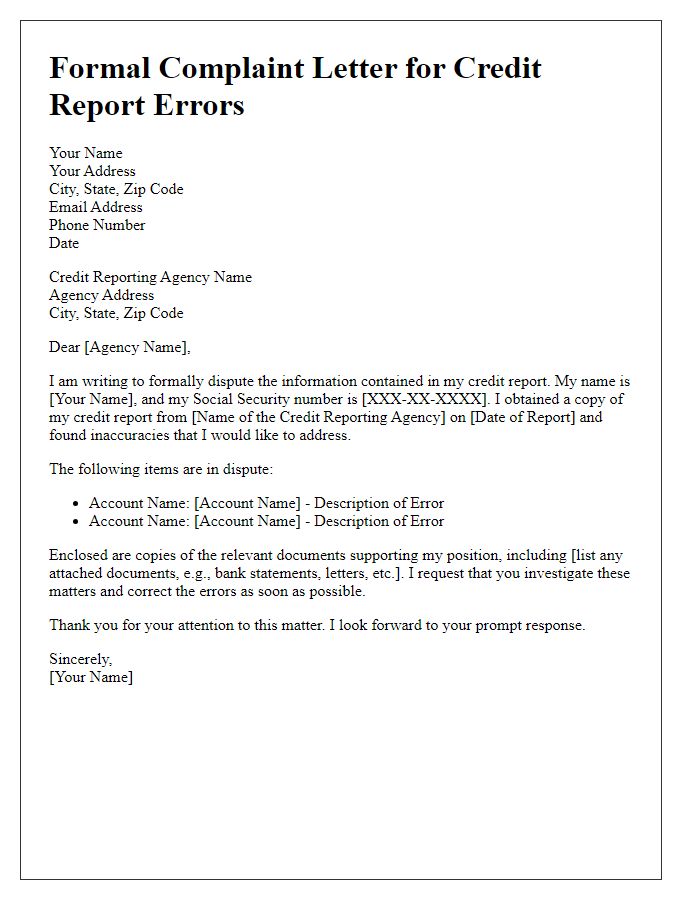 Letter template of formal complaint for credit report errors