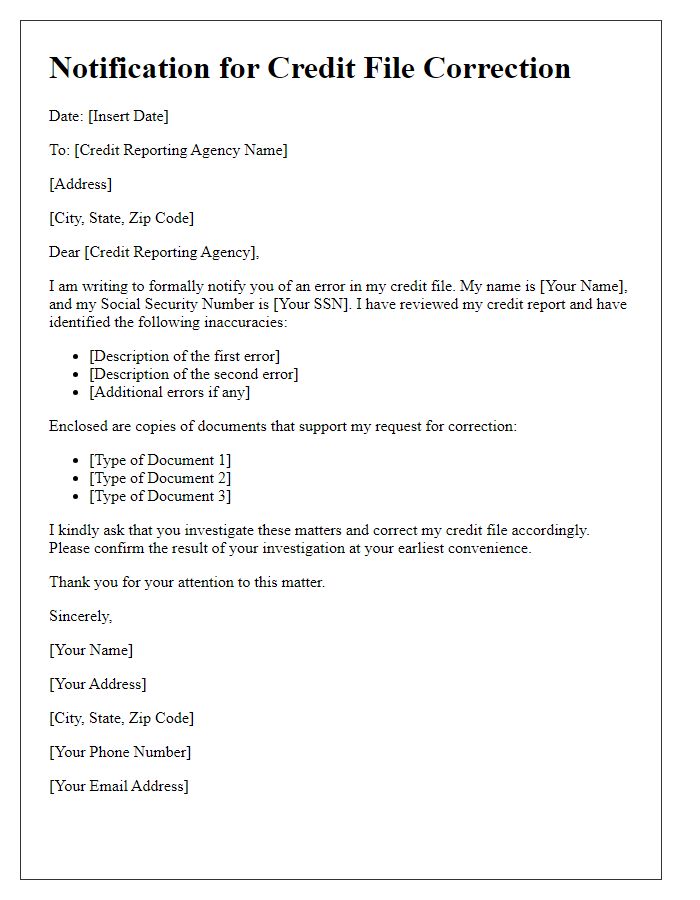 Letter template of notification for credit file correction