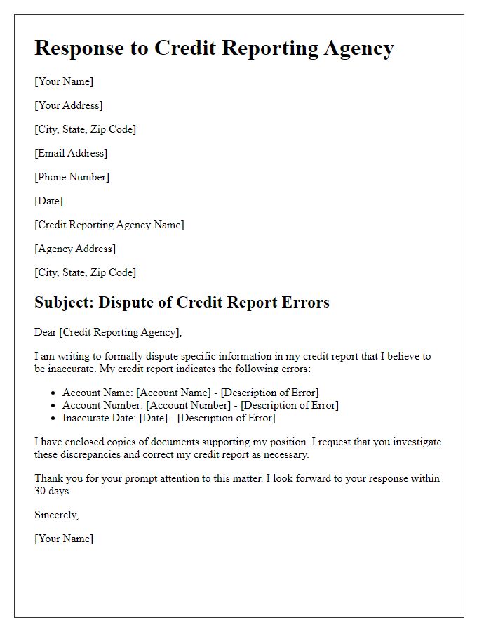 Letter template of response to credit reporting agency for errors