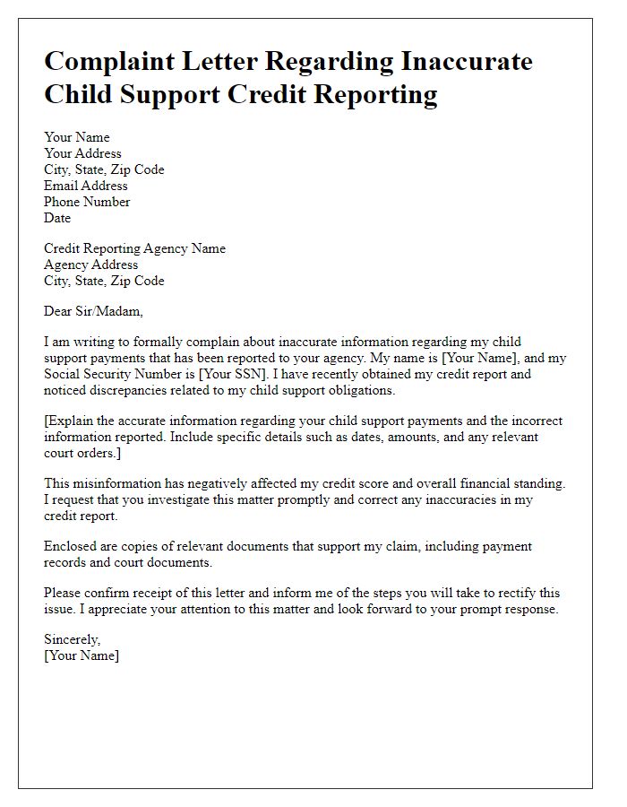 Letter template of complaint about inaccurate child support credit reporting