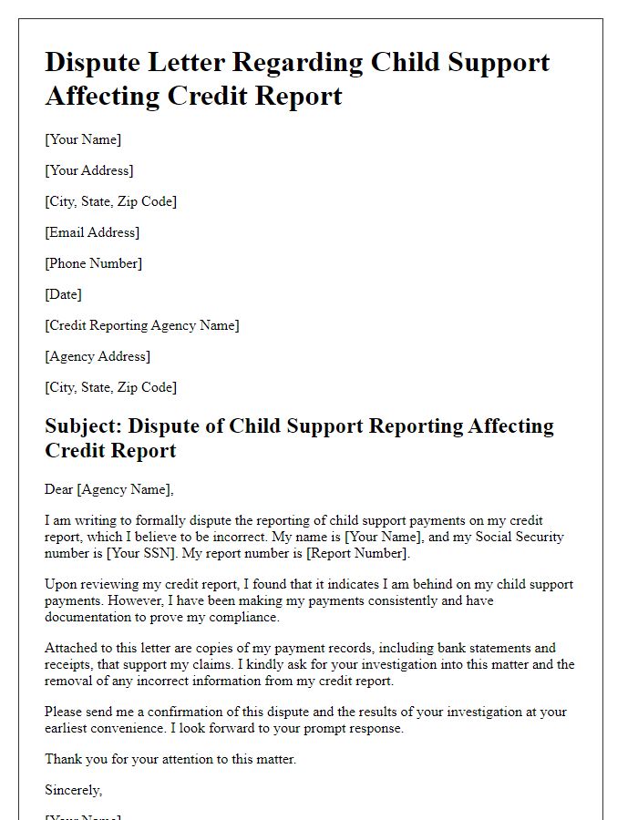 Letter template of dispute regarding child support affecting credit report