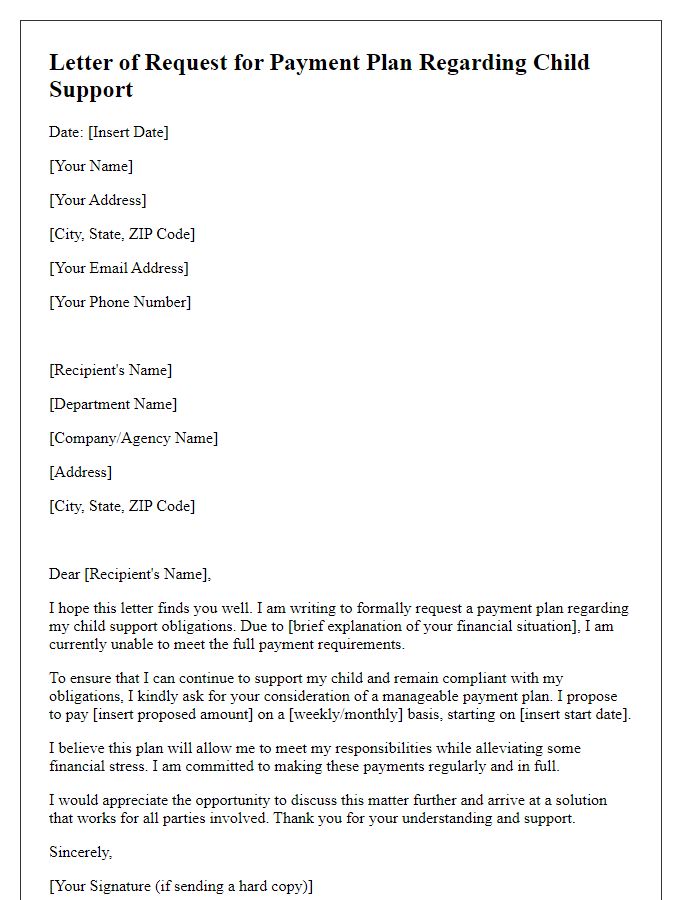 Letter template of request for payment plan regarding child support and credit