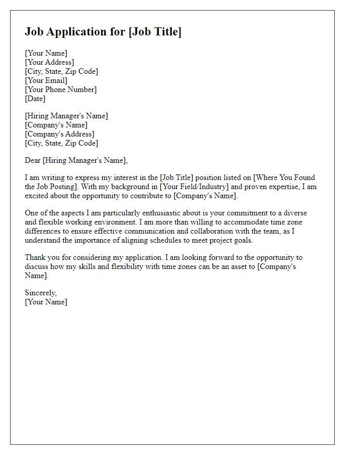 Letter template of job application addressing time zone flexibility