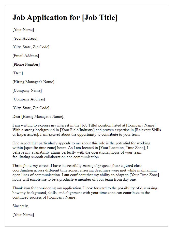 Letter template of job application emphasizing time zone alignment