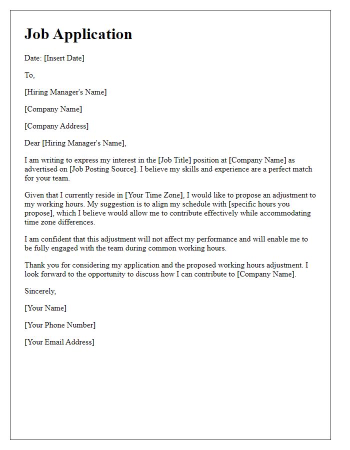 Letter template of job application proposing adjusted working hours for time zone