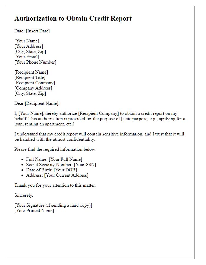 Letter template of Authorization to Obtain Credit Report