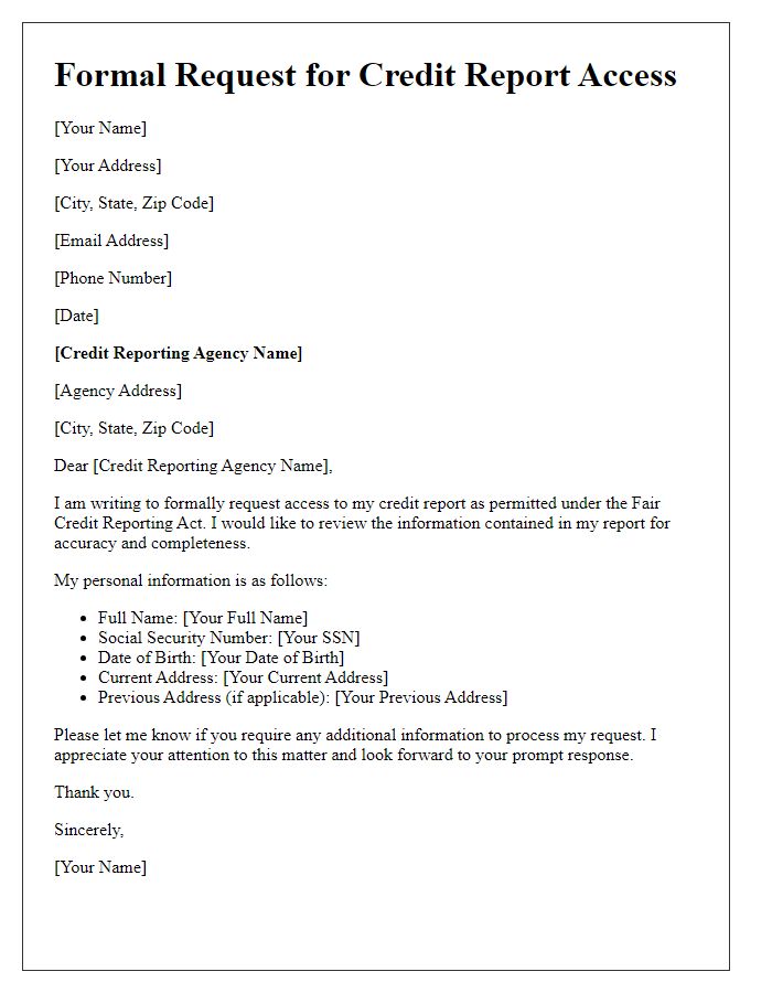 Letter template of Formal Request for Credit Report Access