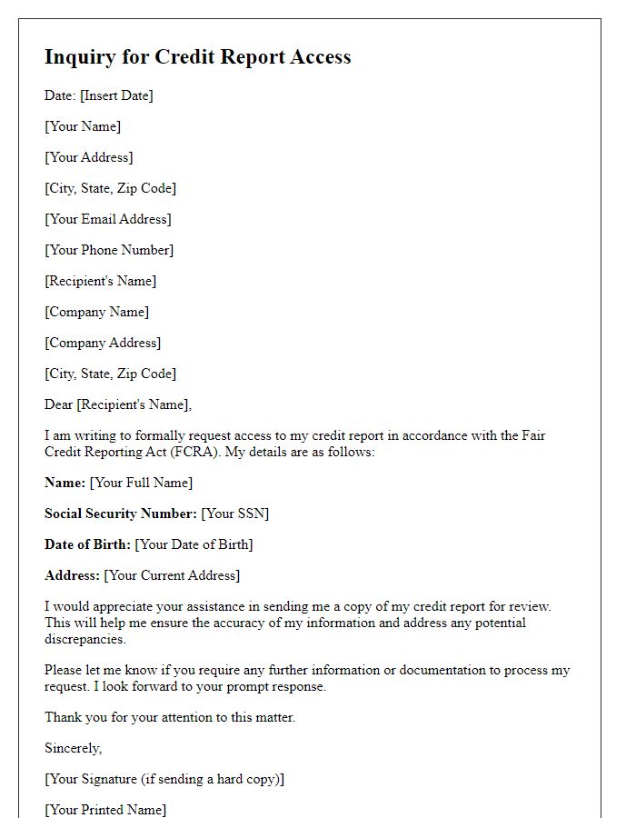 Letter template of Inquiry for Credit Report Access