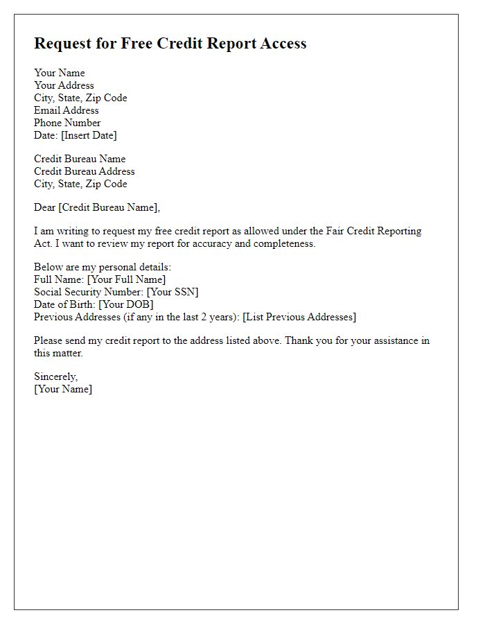 Letter template of Request for Free Credit Report Access