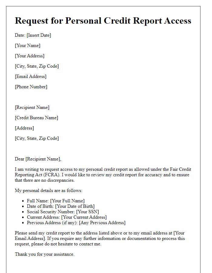 Letter template of Request for Personal Credit Report Access