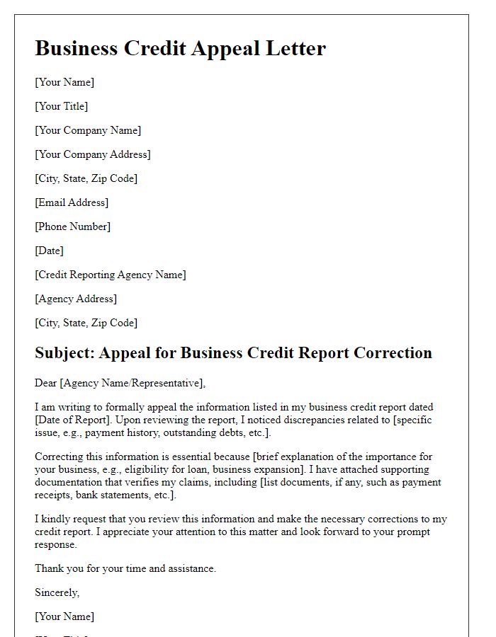 Letter template of business credit appeal