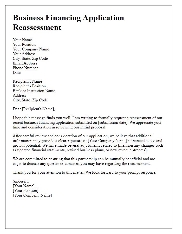 Letter template of business financing application reassessment