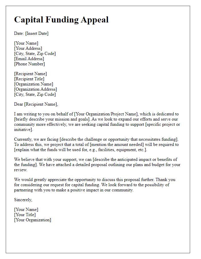 Letter template of capital funding appeal