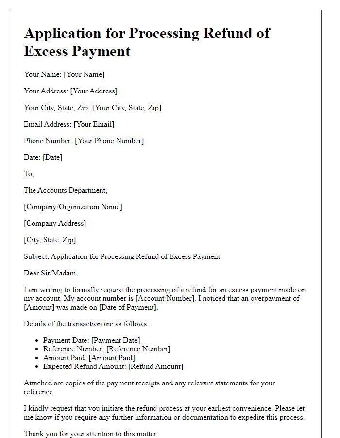 Letter template of application for processing refund of excess payment on account.