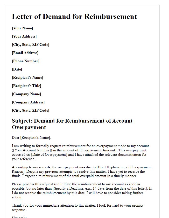 Letter template of demand for reimbursement of account overpayment.