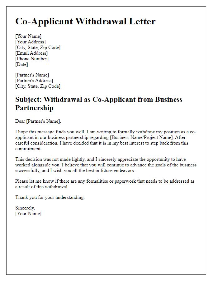 Letter template of co-applicant withdrawal for business partnership.