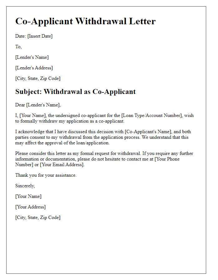 Letter template of co-applicant withdrawal with consent acknowledgment.