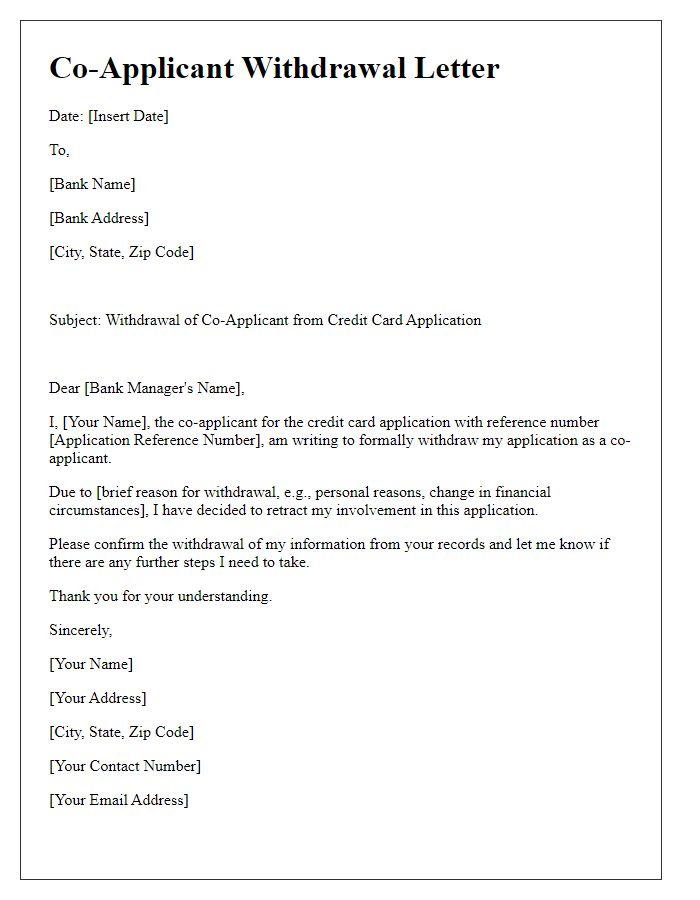 Letter template of co-applicant withdrawal for credit card application.