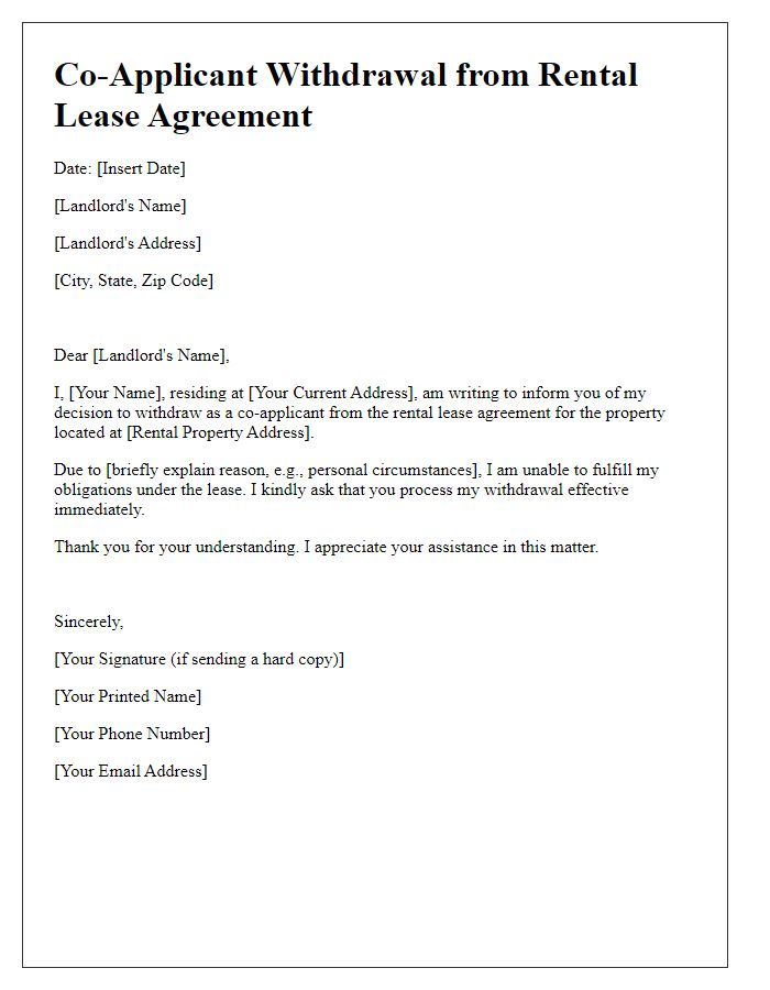 Letter template of co-applicant withdrawal from rental lease agreement.