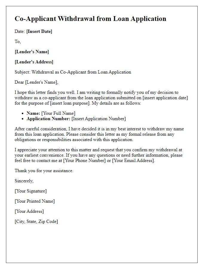 Letter template of co-applicant withdrawal on loan application.