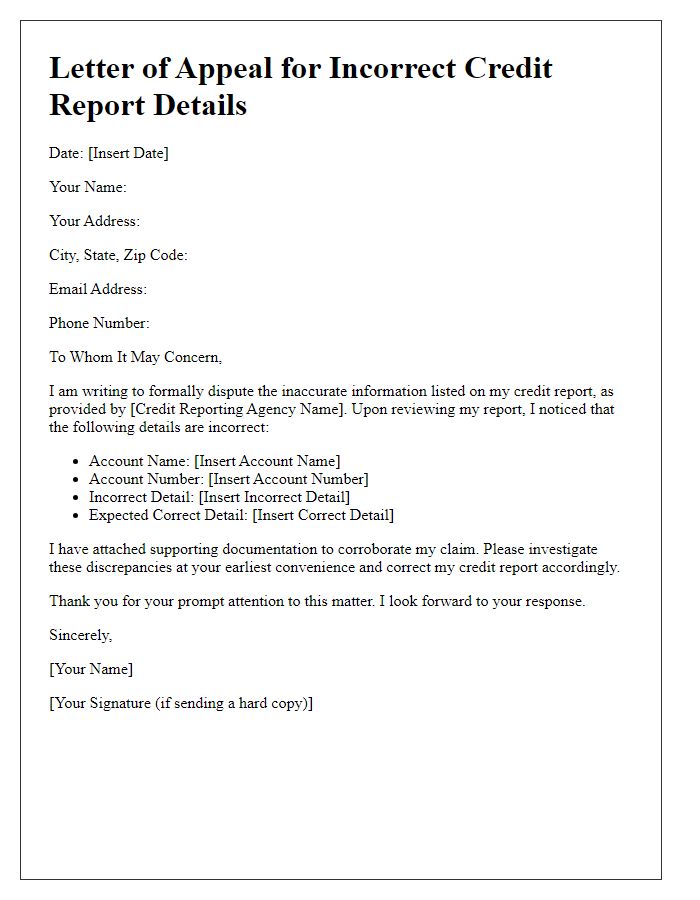 Letter template of appeal for incorrect credit report details